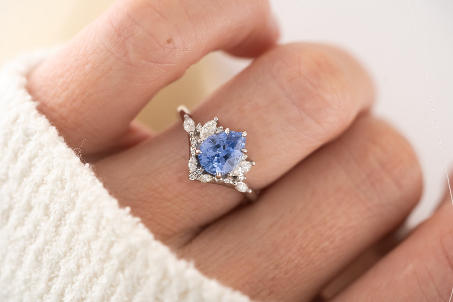 The Aurora Ring - 2 CT Pear Cornflower Blue Sapphire - Lavender Creek Gems 