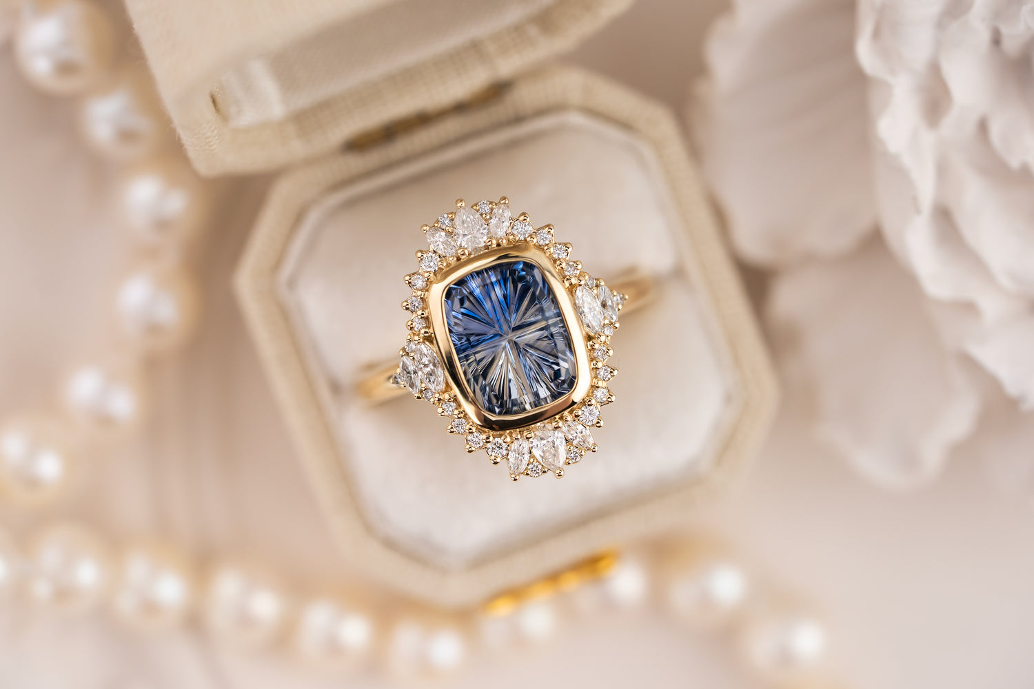 The Ethereal Ring | 3.82 Elongated Cushion Starbrite™ Bicolor Blue Sapphire - Lavender Creek Gems 