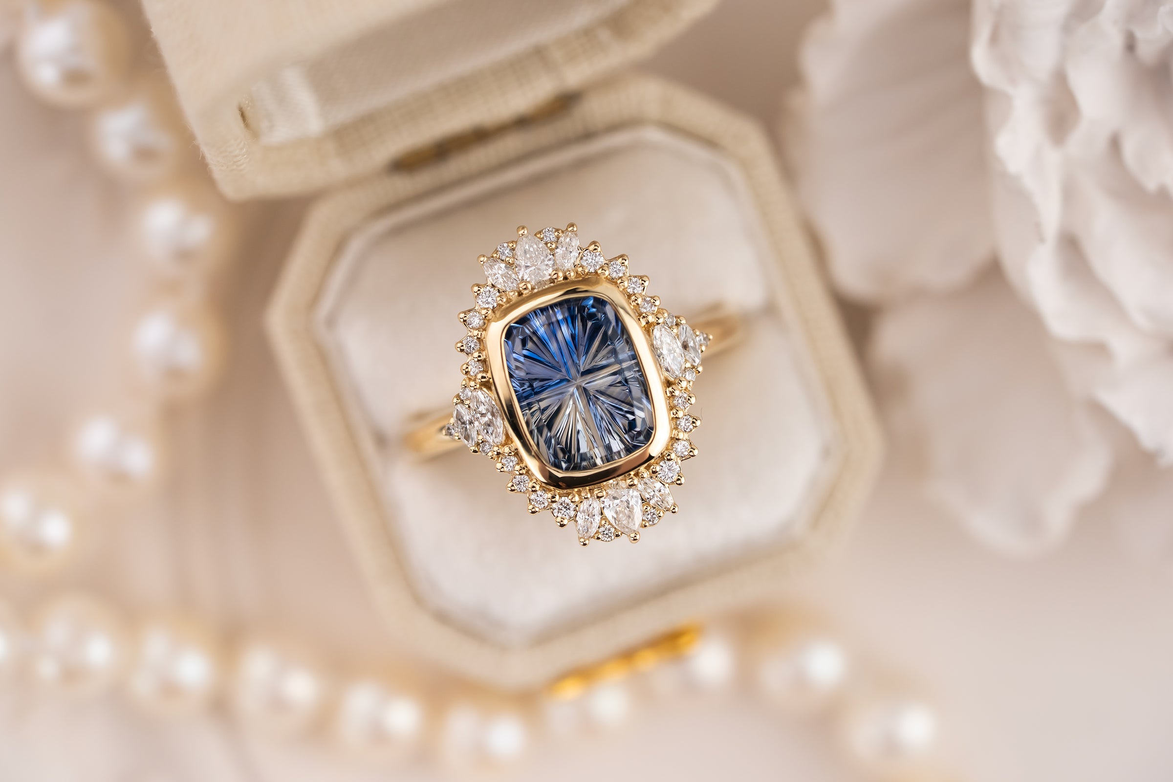The Ethereal Ring | 3.82 Elongated Cushion Starbrite™ Bicolor Blue Sapphire - Lavender Creek Gems 