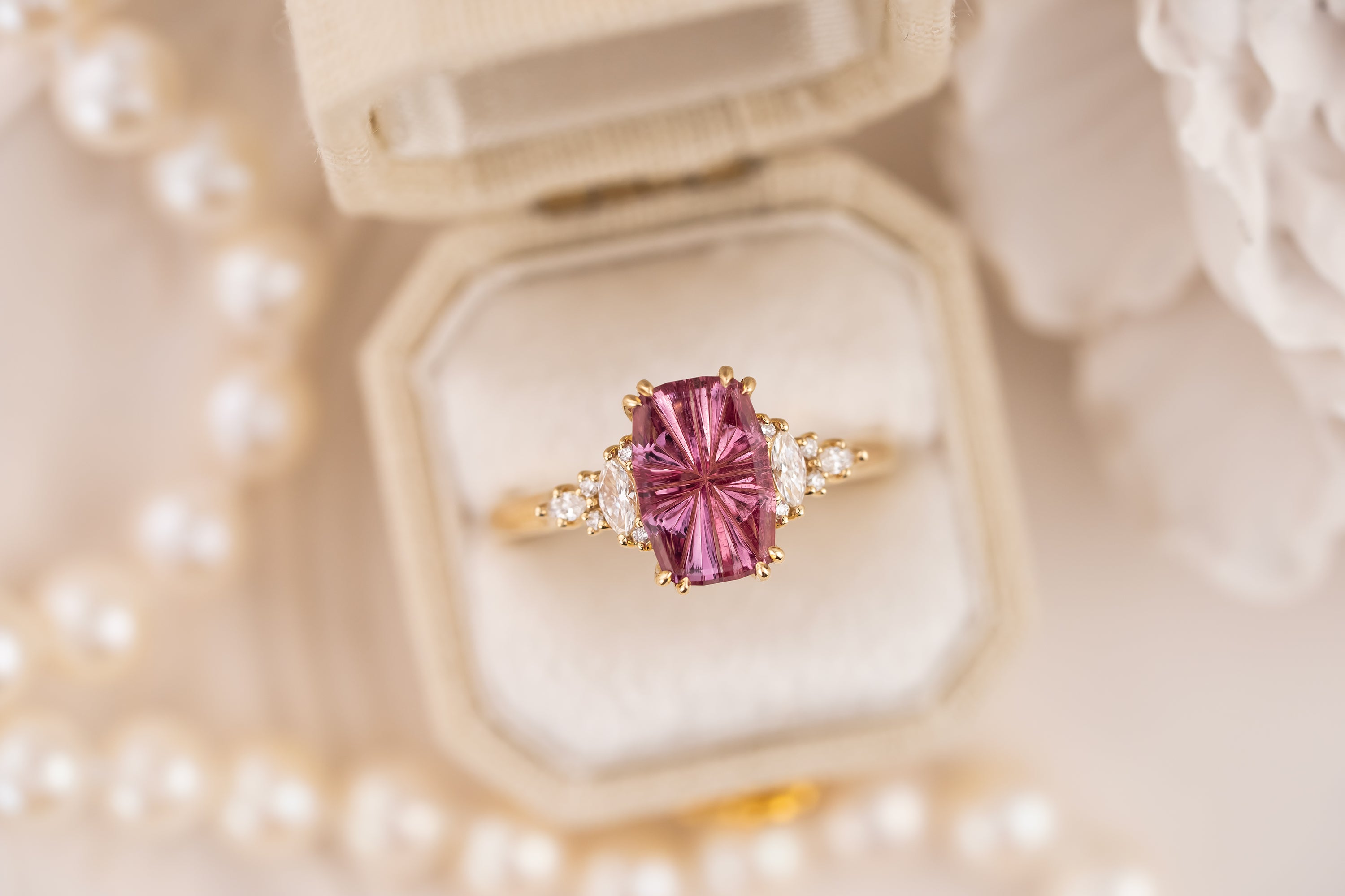 The Maeve Ring | 2.07 CT Elongated Cushion Starbrite™ Padparadscha Sapphire - Lavender Creek Gems 