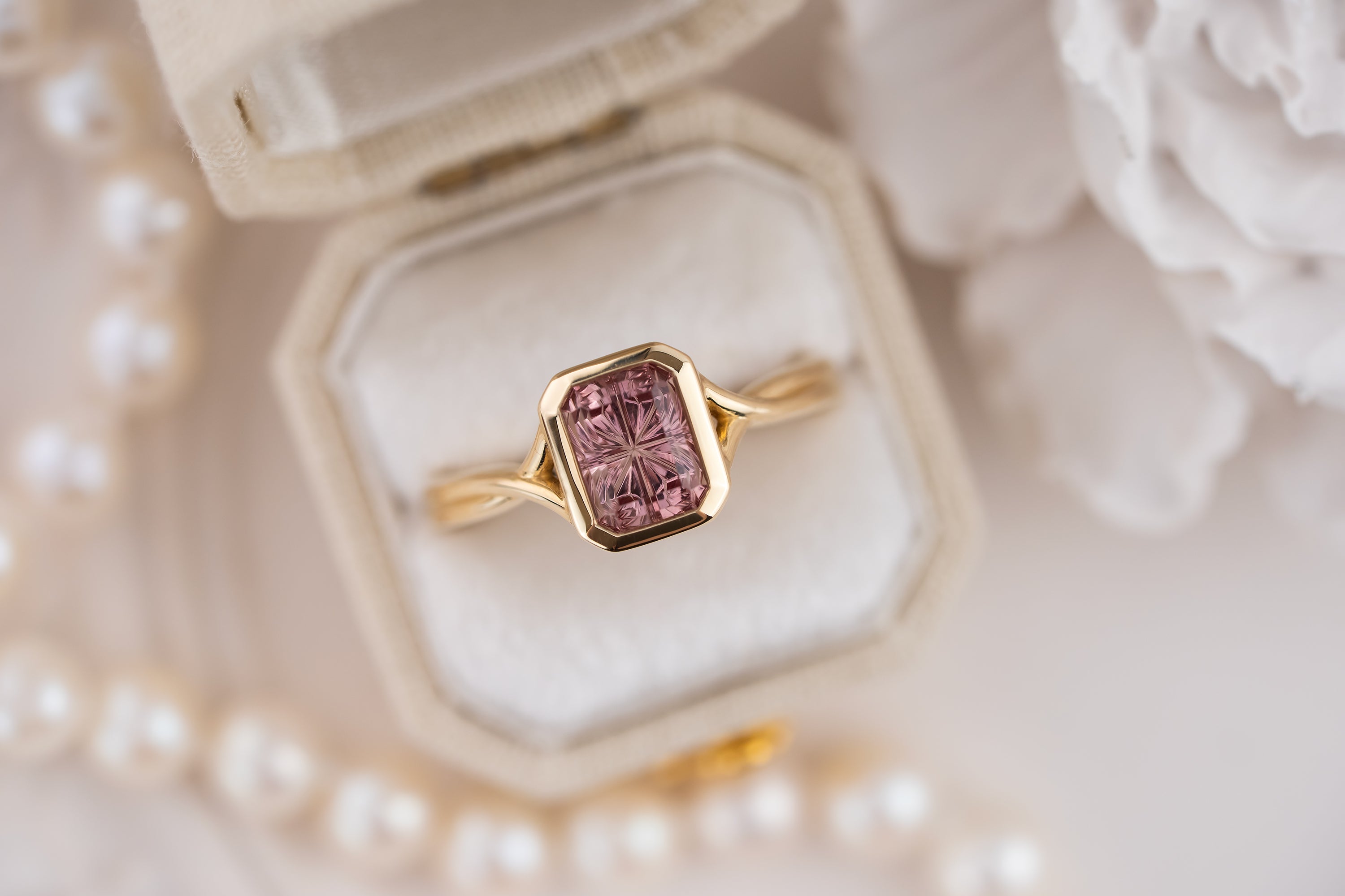 The Bezel Fates Ring | 2.06 CT Rectangular Starbrite™ Malaya Peach Garnet - Lavender Creek Gems 