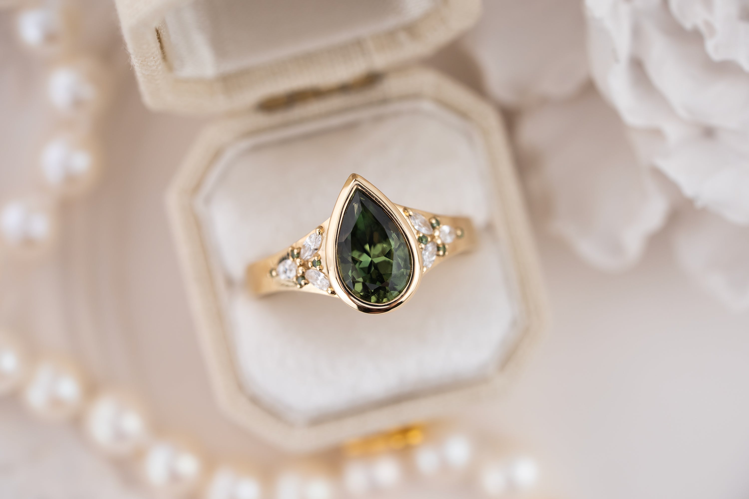The Daylight Ring | 1.72 CT Pear Forest Green Sapphire - Lavender Creek Gems 
