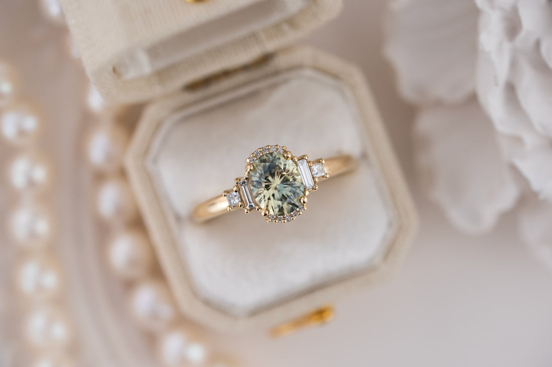 The Sura Ring | 1.42 CT Oval Bicolor Light Green Sapphire - Lavender Creek Gems 