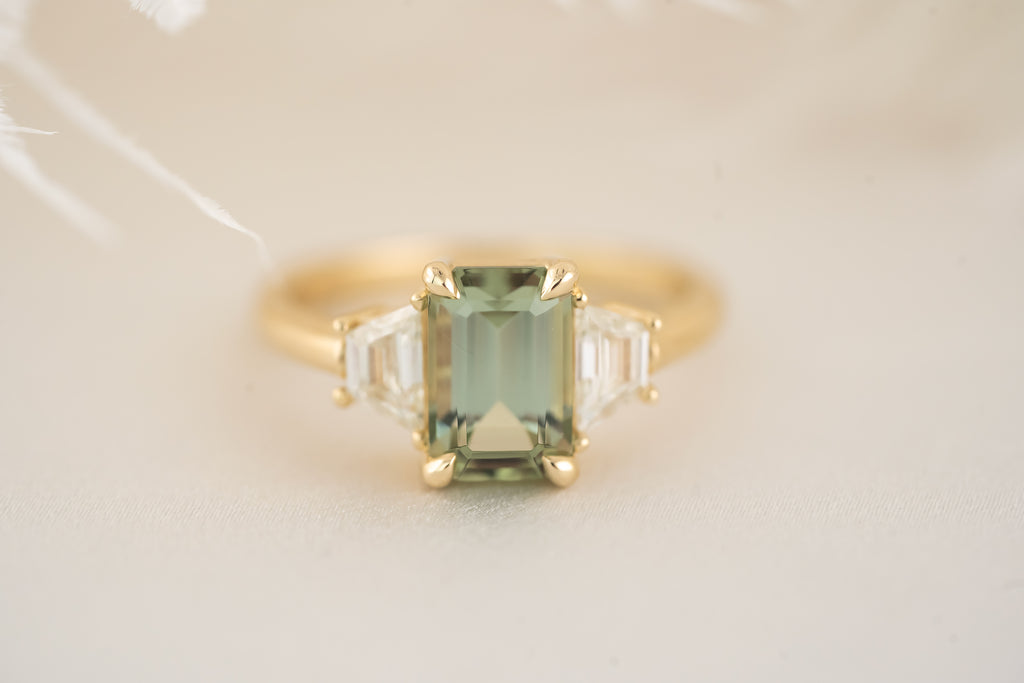 The Tría Ring - 2.1 CT Sage Green Emerald Cut Tourmaline - Lavender Creek Gems 