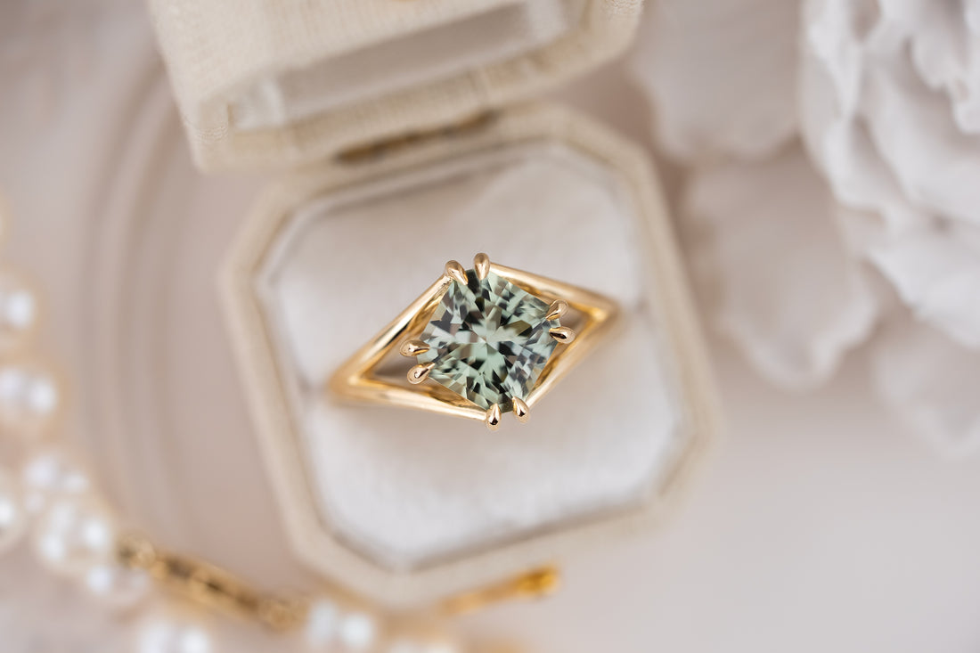 The Willow Ring | 2.53 CT Square Radiant Sage Green Tourmaline - Lavender Creek Gems 