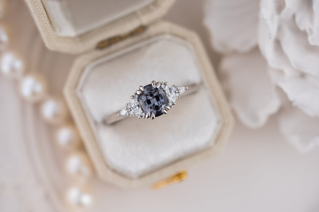 The Low Maeve Ring | 0.91 CT Elongated Cushion Gray Spinel - Lavender Creek Gems 