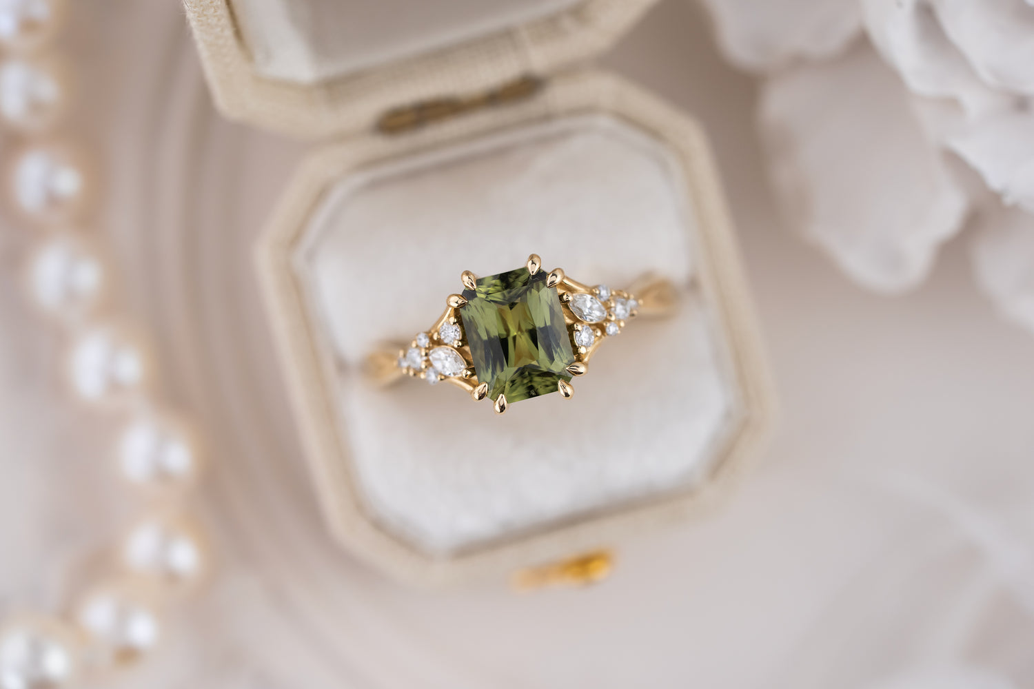 The Lyria Ring | 1.88 CT Radiant Green Sapphire - Lavender Creek Gems 