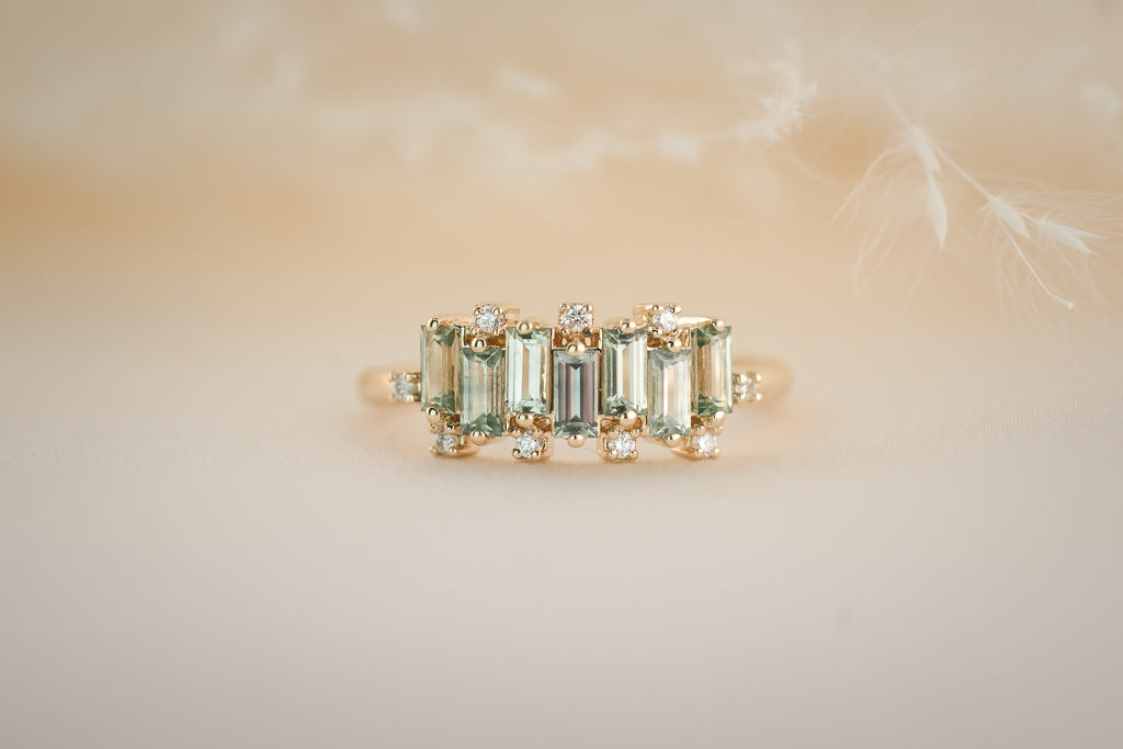 The Cadenza Ring - Green Baguette Montana Sapphire - Lavender Creek Gems 