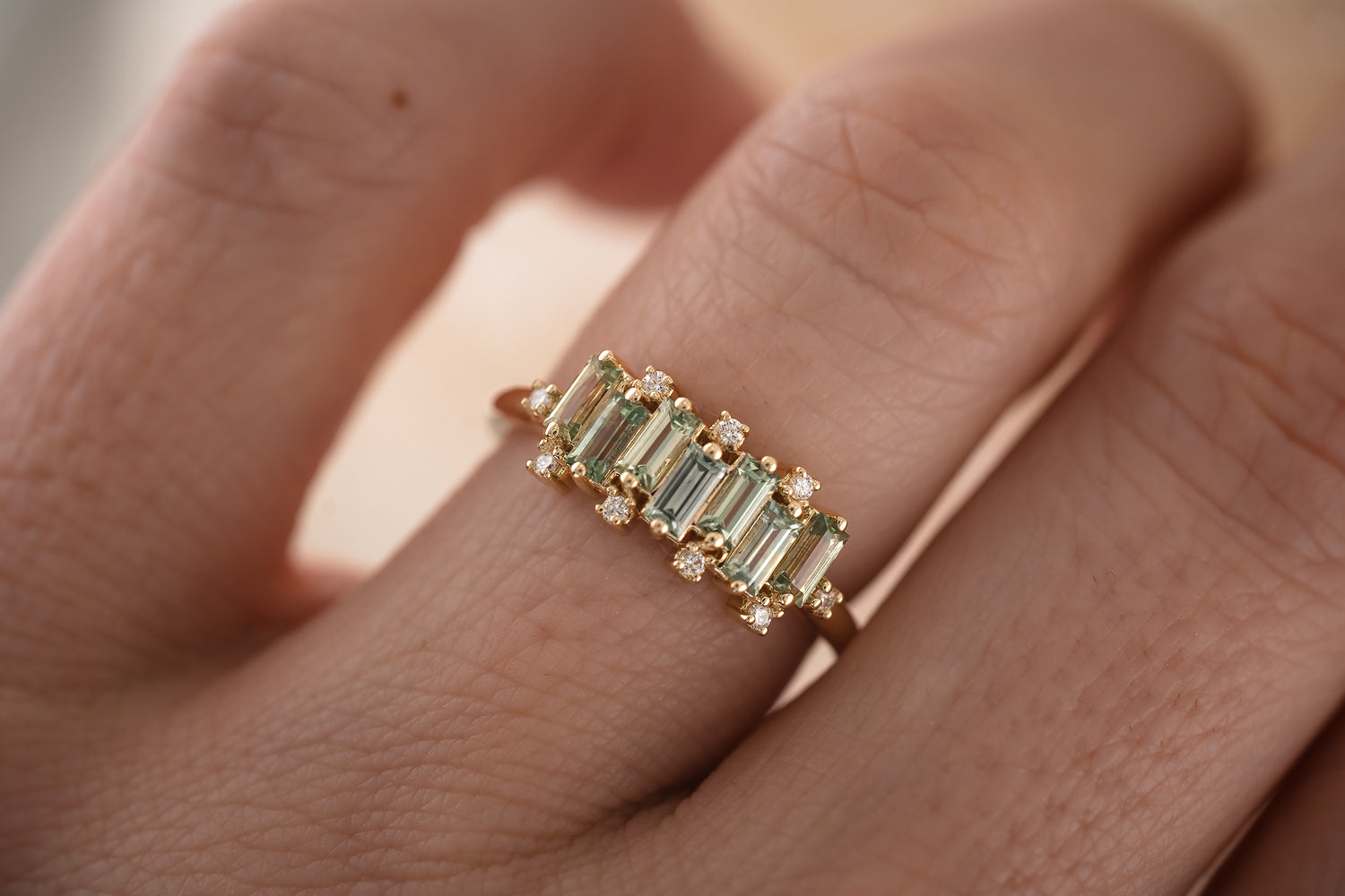 The Cadenza Ring - Green Baguette Montana Sapphire - Lavender Creek Gems 