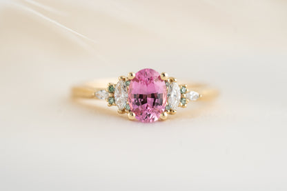 The Maeve Ring | 0.95 CT Pink Sapphire + Light Green Diamond Accents