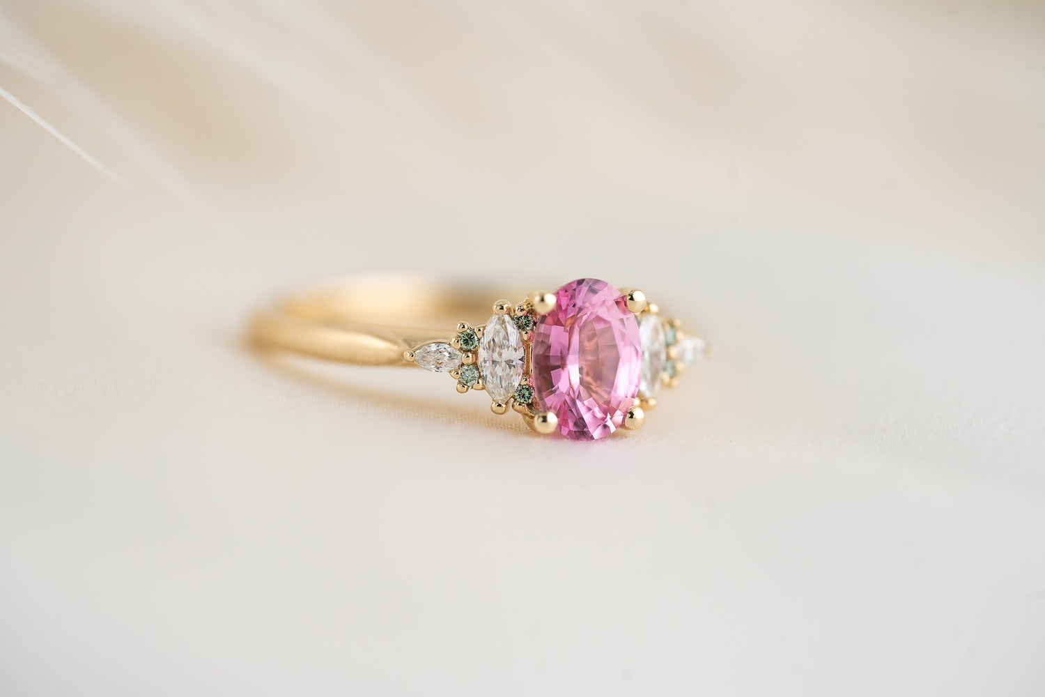 The Maeve Ring | 0.95 CT Pink Sapphire + Light Green Diamond Accents