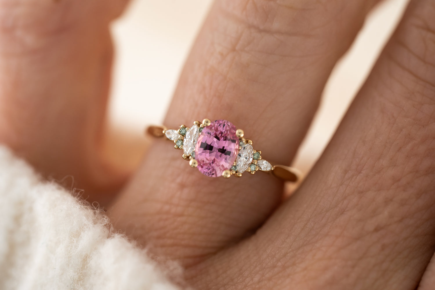 The Maeve Ring | 0.95 CT Pink Sapphire + Light Green Diamond Accents