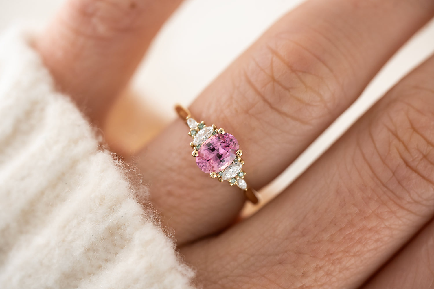 The Maeve Ring | 0.95 CT Pink Sapphire + Light Green Diamond Accents