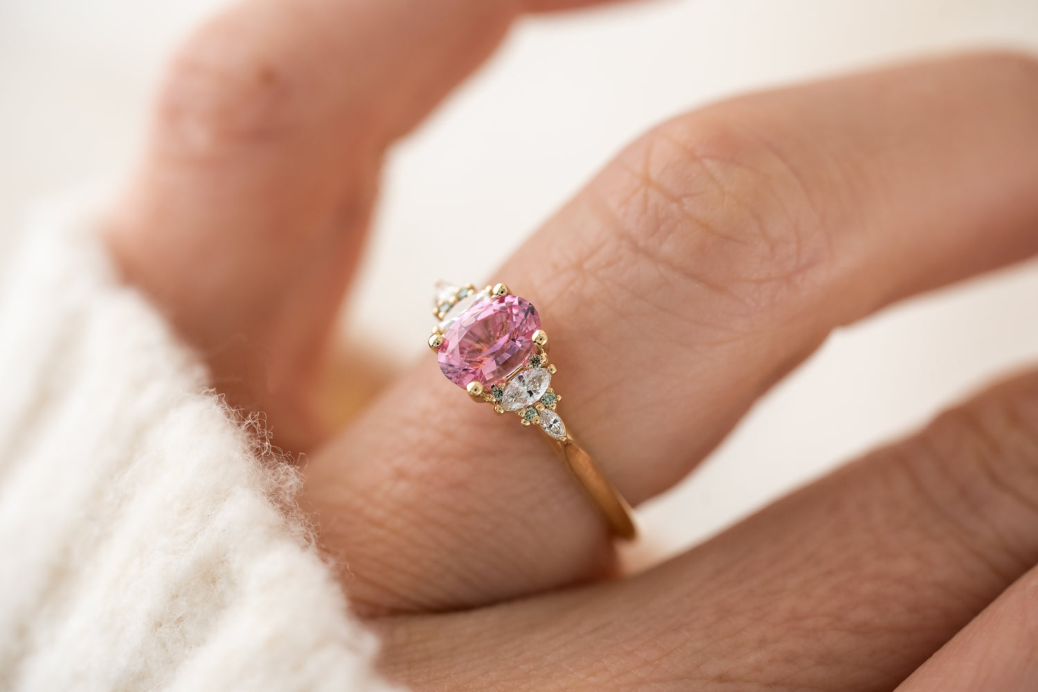 The Maeve Ring | 0.95 CT Pink Sapphire + Light Green Diamond Accents