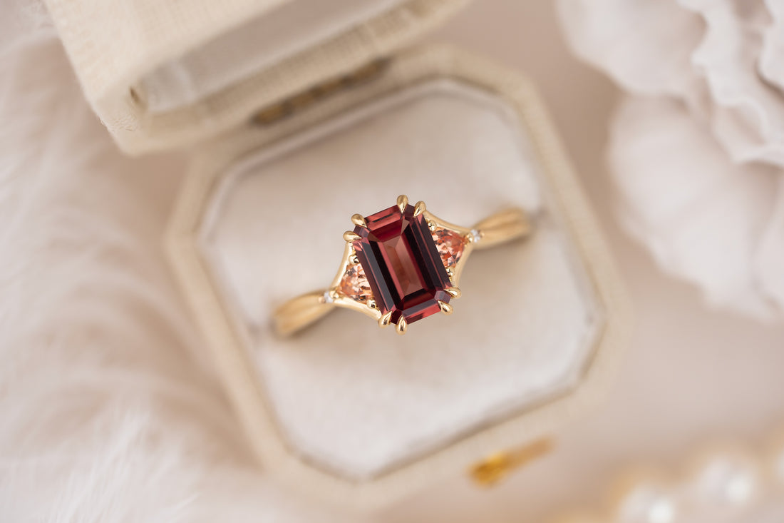 The Fates Ring | 1.43 CT Emerald Cut Coral Sapphire