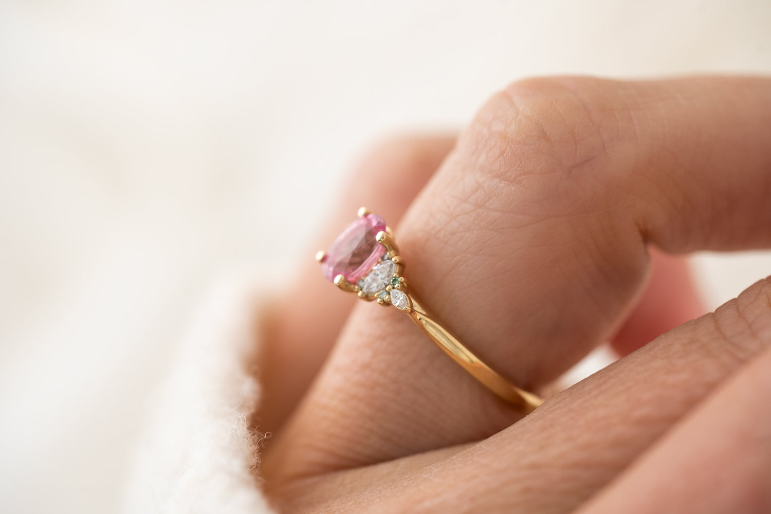 The Maeve Ring | 0.95 CT Pink Sapphire + Light Green Diamond Accents