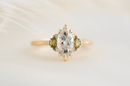 The Maren Ring | 1.06 CT Marquise Diamond + Green Sapphire