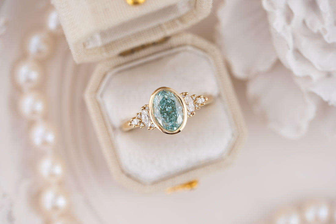 The Bezel Maeve Ring | 1.53 CT Oval Teal Green/Blue Diamond - Lavender Creek Gems 