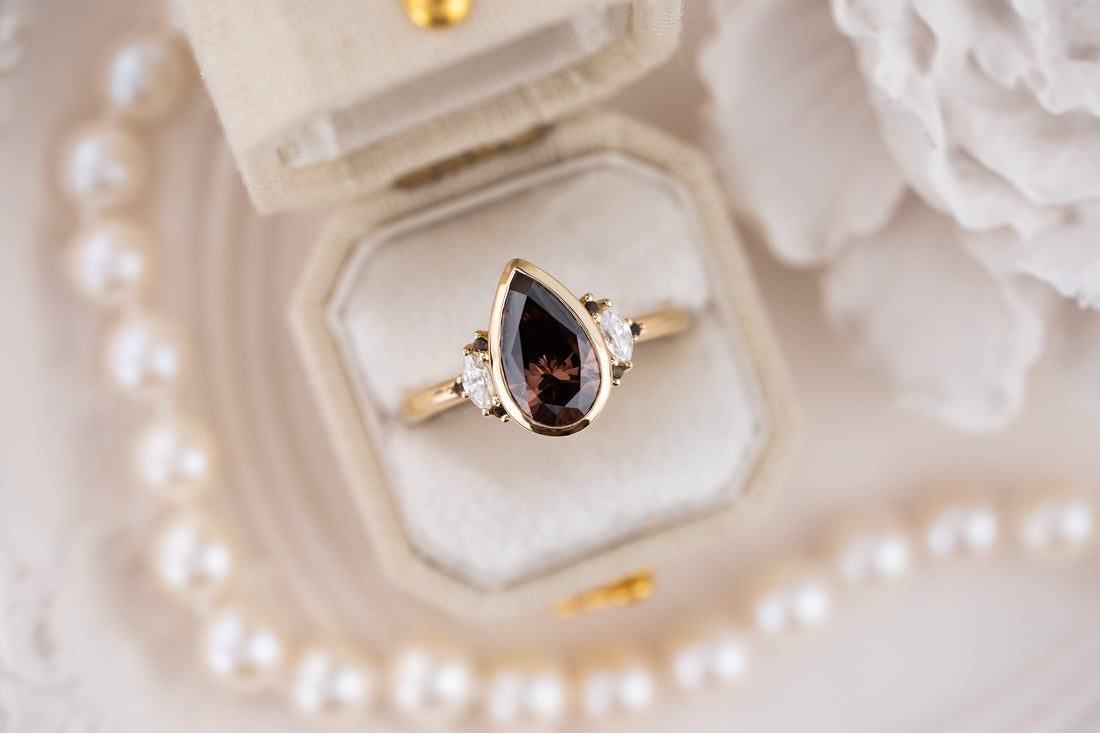 The Bezel Low Maren Ring | 1.59 CT Pear Brown Diamond - Lavender Creek Gems 