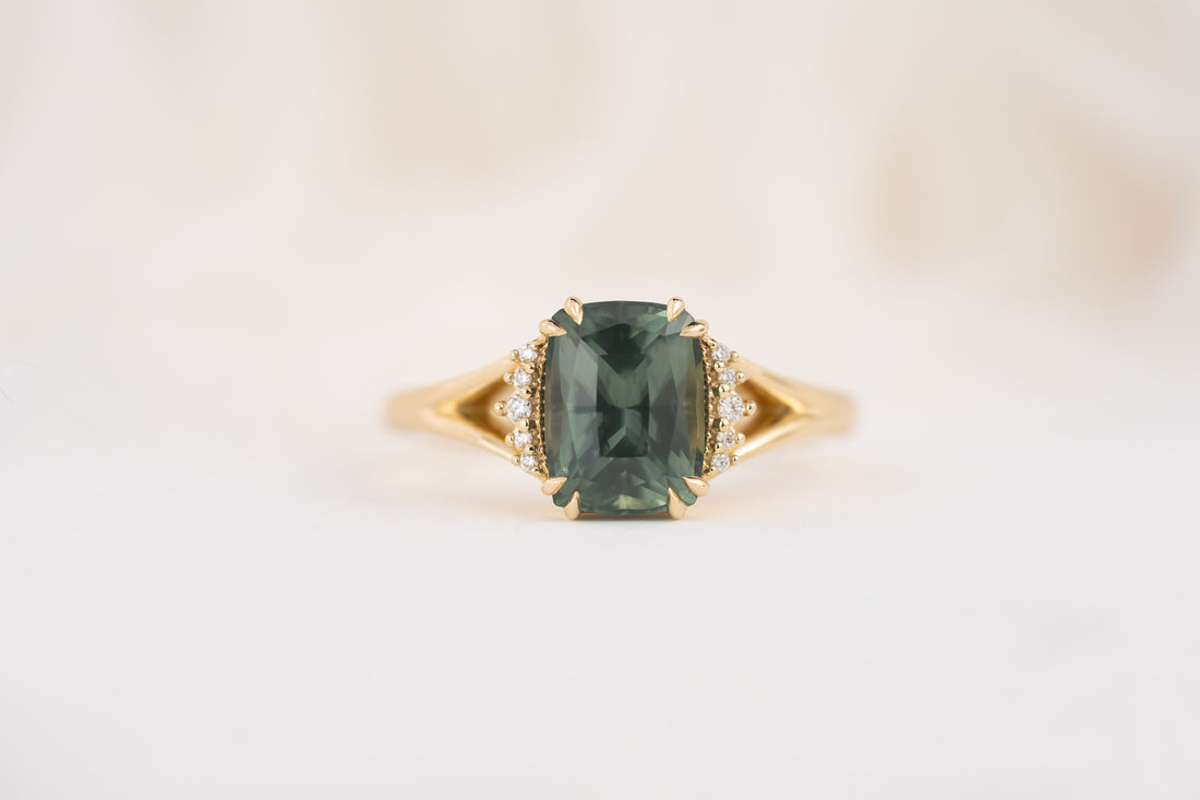 The Serendipity Ring | 2.57 CT Elongated Cushion Green Sapphire - Lavender Creek Gems 