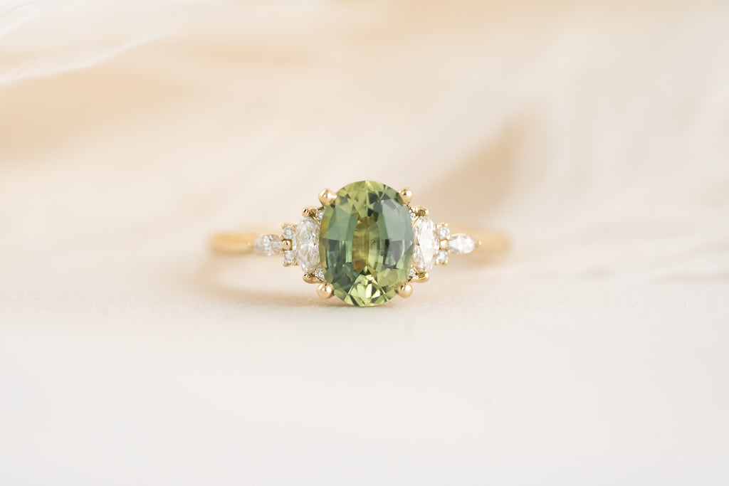 The Maeve Ring  - 1.5 CT Teal Green Oval Sapphire - Lavender Creek Gems 