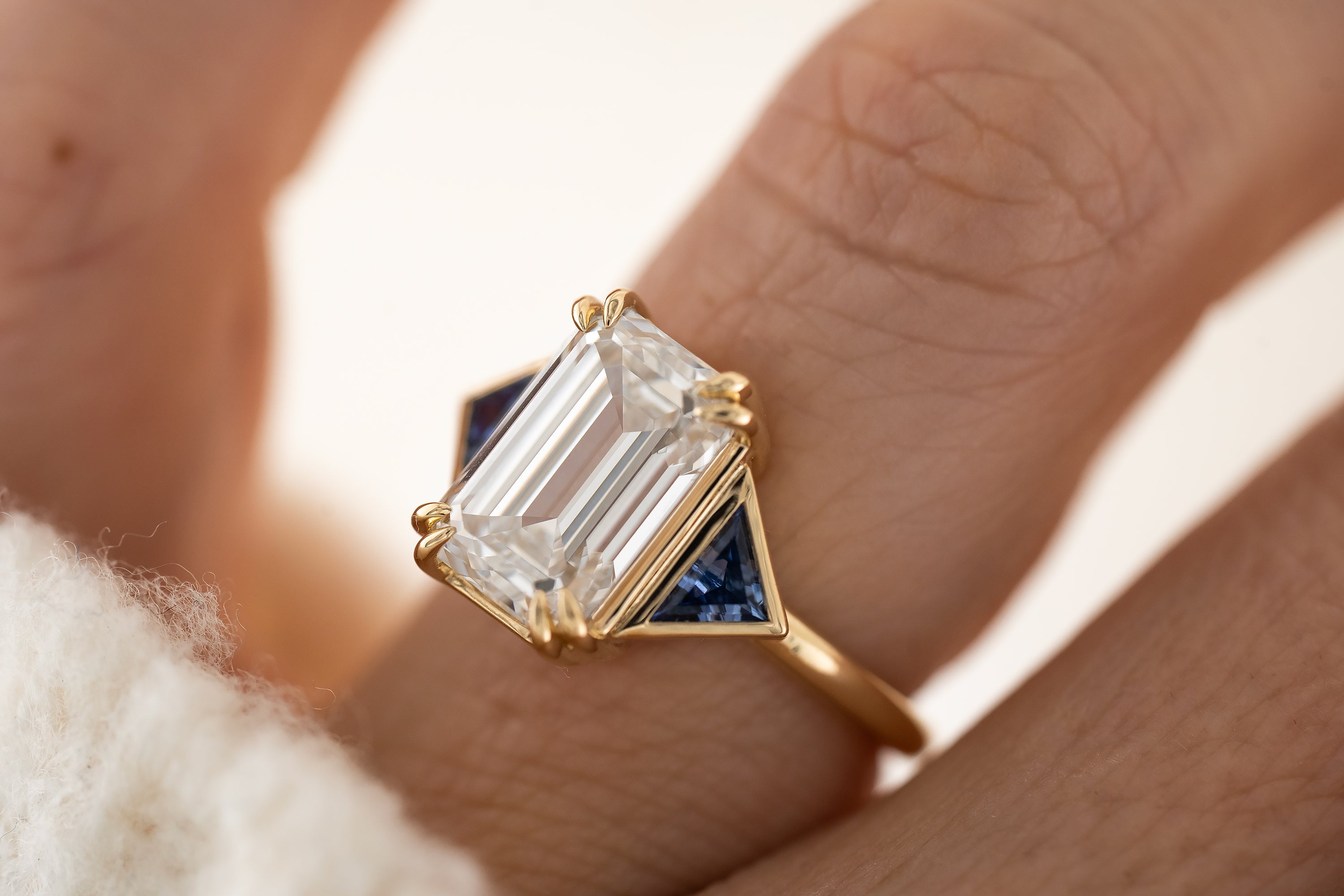 The Zelda Ring | 4.1 CT Emerald Cut Diamond + Royal Blue Sapphire - Lavender Creek Gems 