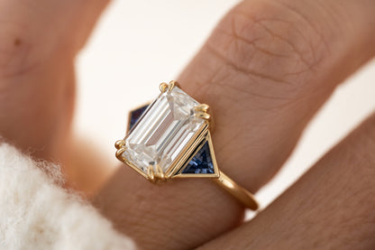 The Zelda Ring | 4.1 CT Emerald Cut Diamond + Royal Blue Sapphire