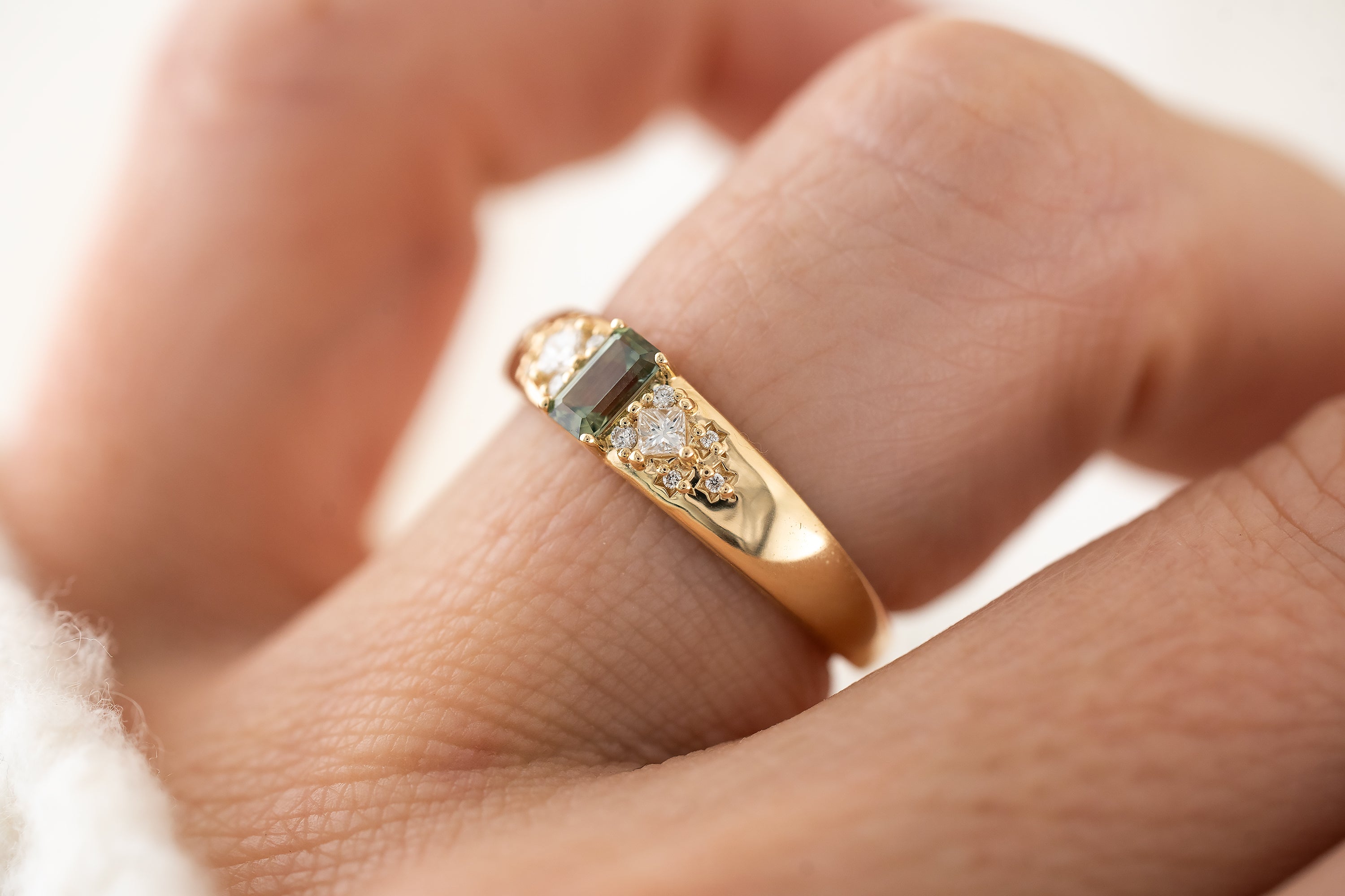 The Astral Ring | Emerald Cut Green-Teal Sapphire - Lavender Creek Gems 