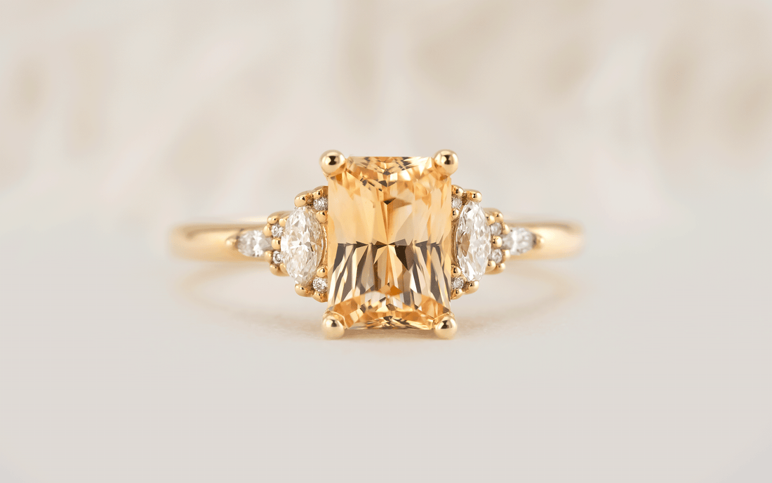 The Low Maeve Ring | 2.05 CT Radiant Apricot Sapphire - Lavender Creek Gems