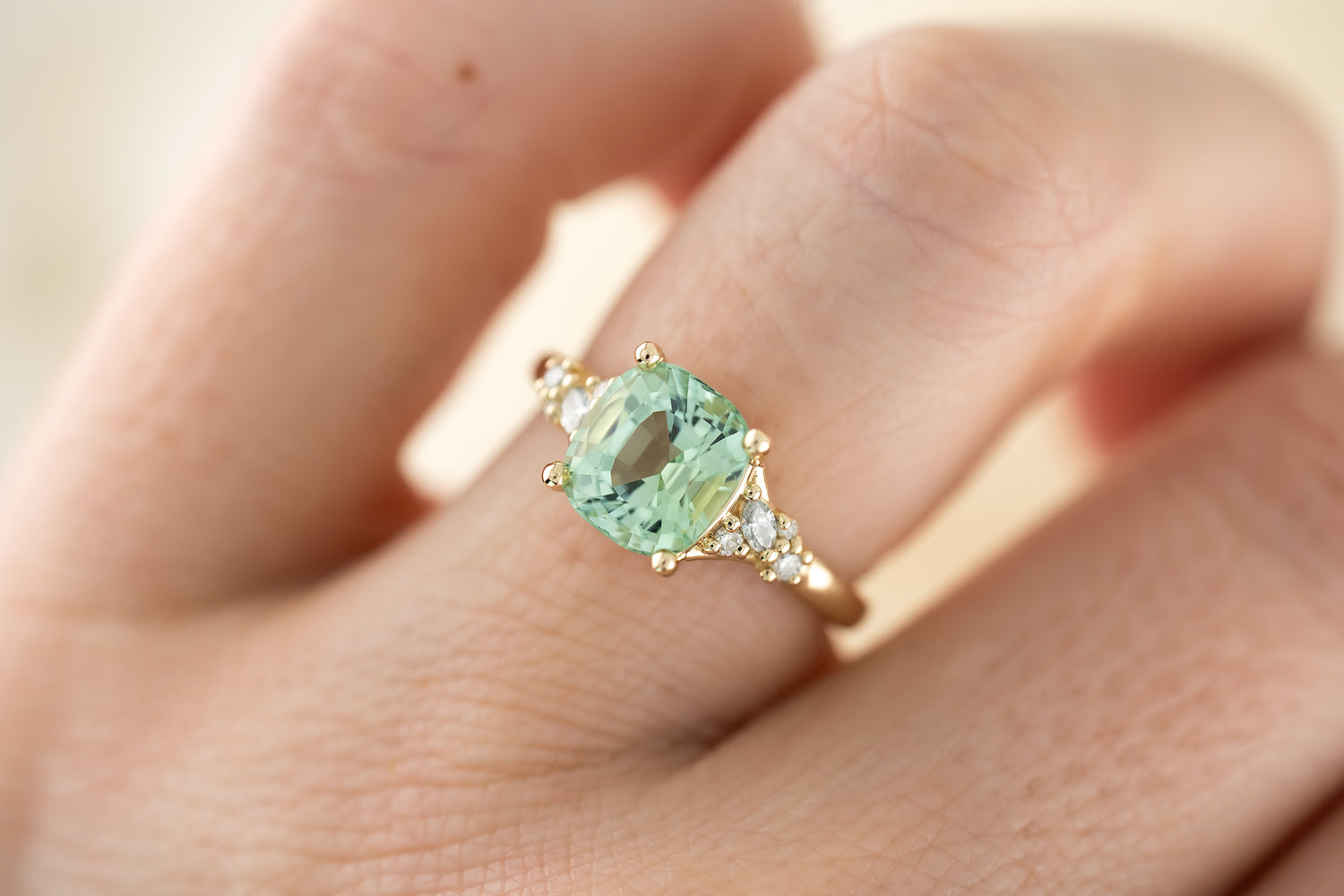 The High Lady Ring - 2.6 CT Cushion Seafoam/Lagoon Tourmaline - Lavender Creek Gems 