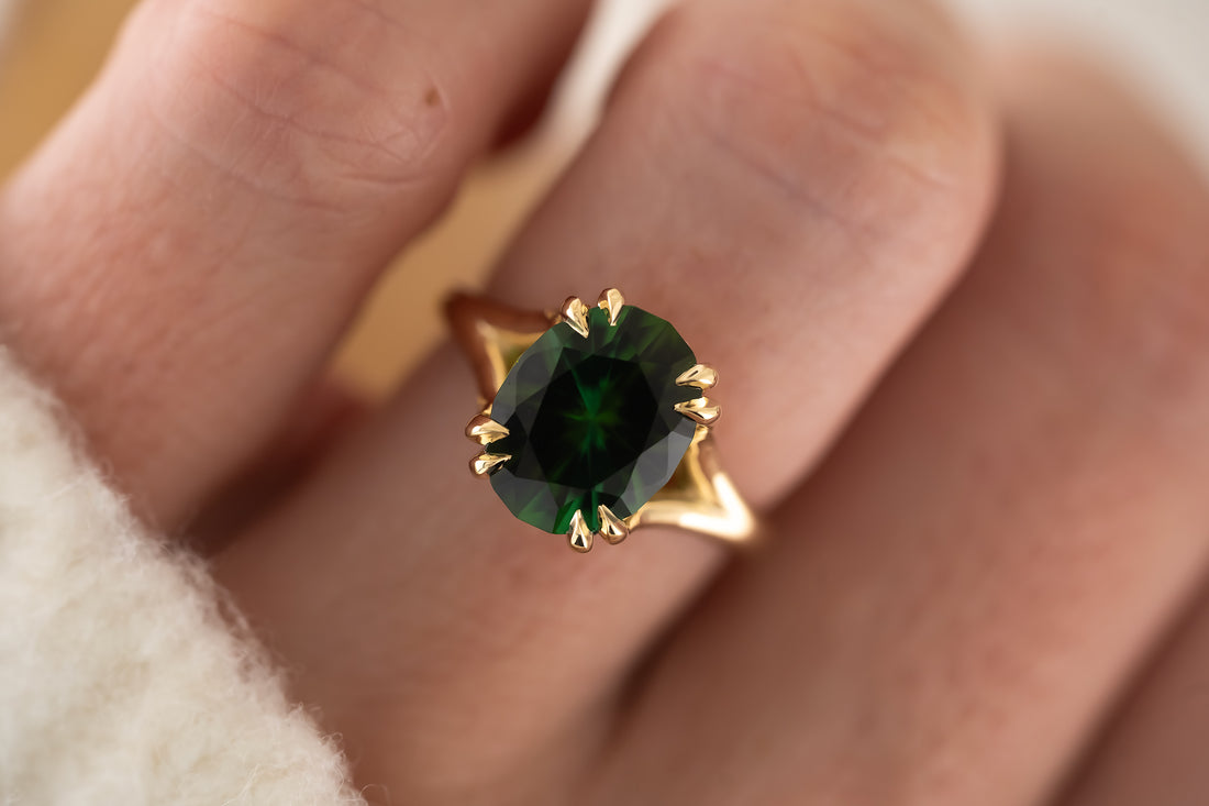 The Weaver Ring | 4.5 CT Oval Deep Green Tourmaline - Lavender Creek Gems 