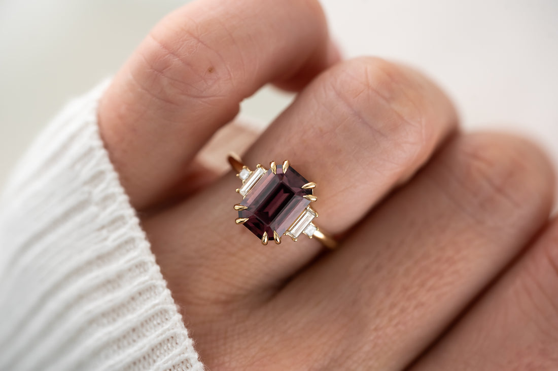 The Mira Ring | 4.78 CT Emerald Cut Red Zircon - Lavender Creek Gems