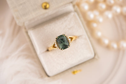 The Serendipity Ring | 2.57 CT Elongated Cushion Green Sapphire - Lavender Creek Gems 