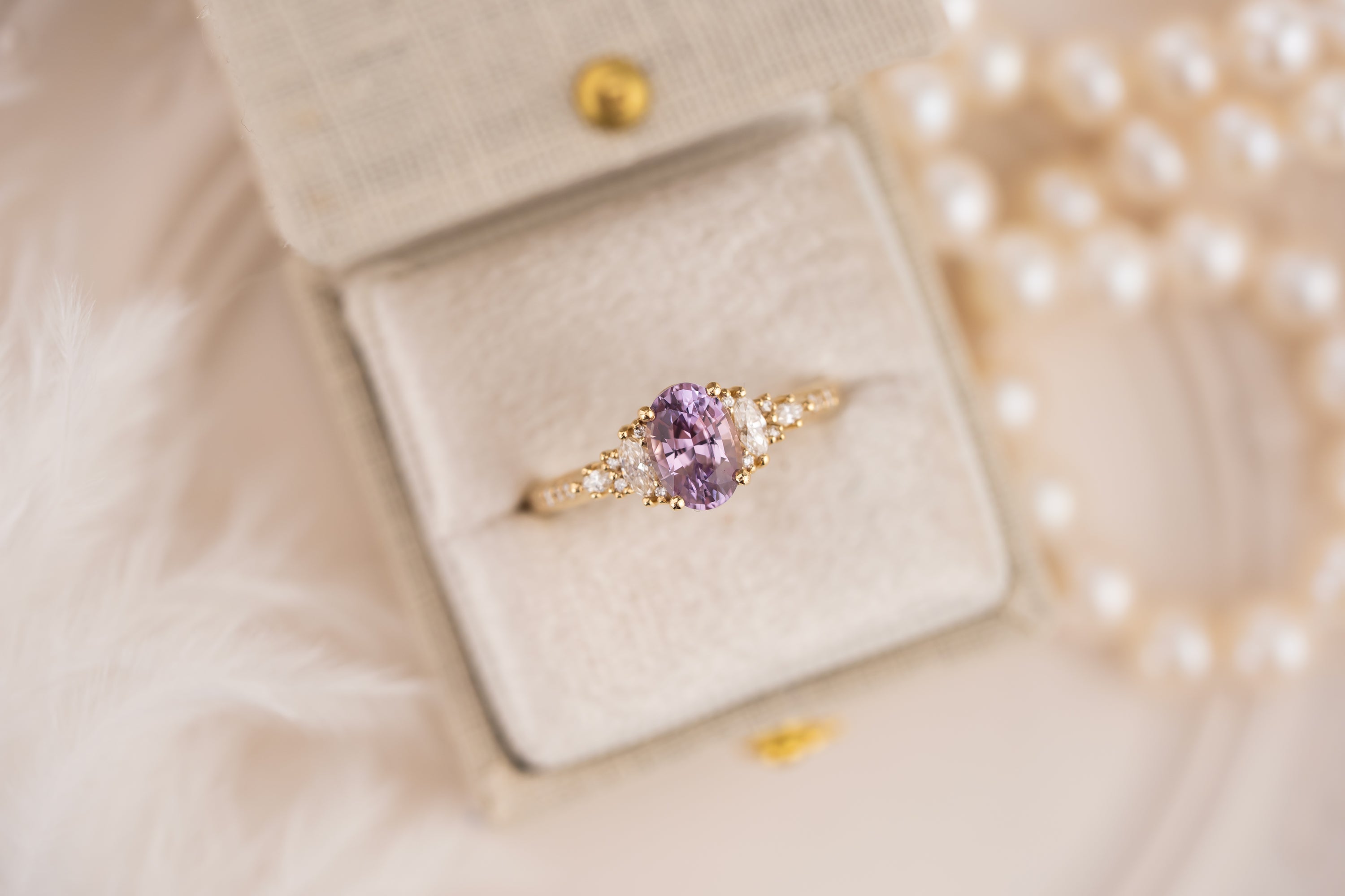 The Maeve Ring | 1.24 Oval Lavender Sapphire Maeve | Accented Shank - Lavender Creek Gems 