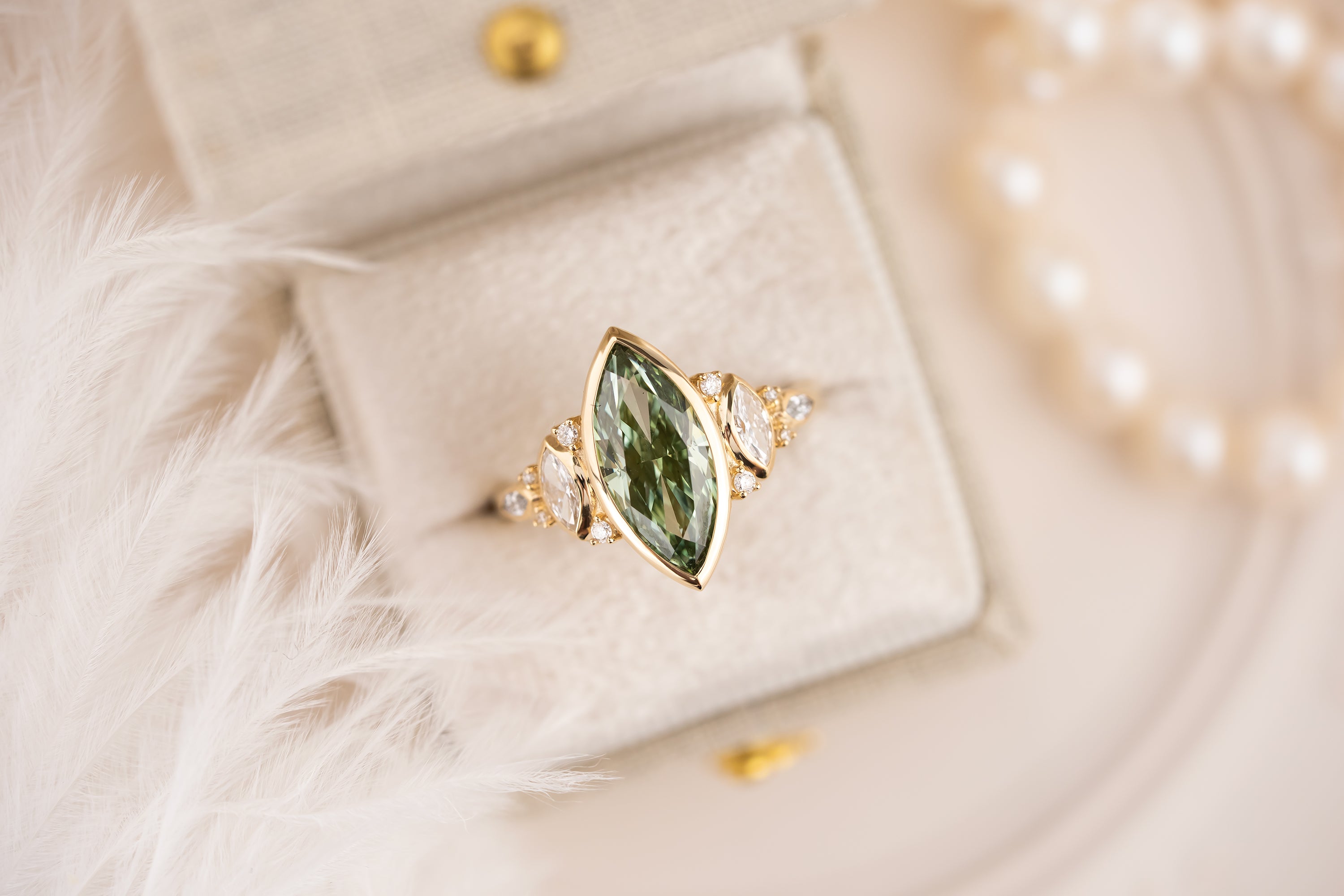 The All Bezel Maeve Ring | 2.72 CT Marquise Cut Green Diamond - Lavender Creek Gems 