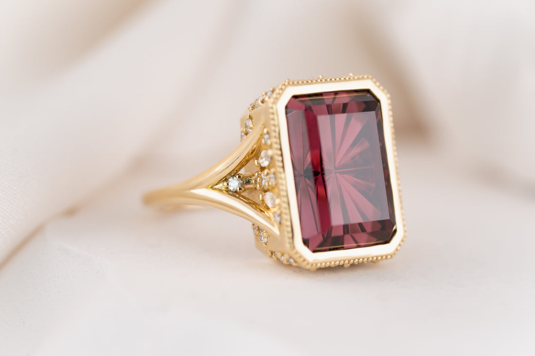 The Yahrin Ring | 14.6 CT Rectangular Starbrite™ Cut Rhodolite Garnet