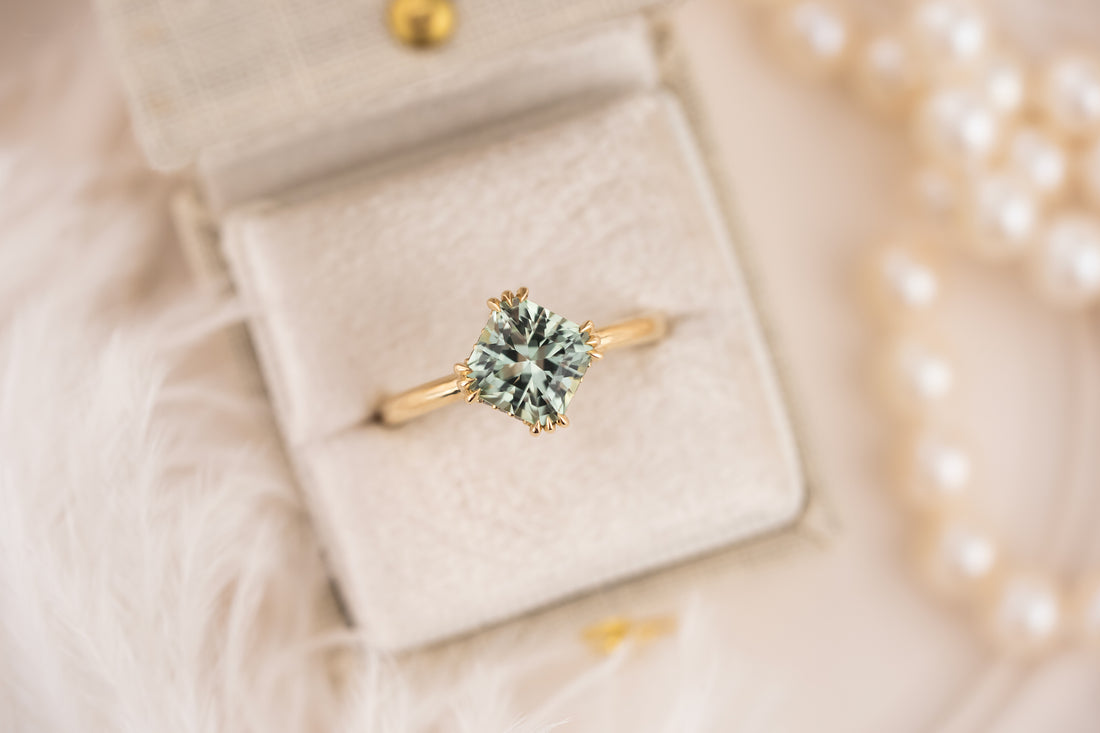 The Thalassa Ring | 2.01 CT Square Radiant Mint/Sage Green Tourmaline + Hidden Halo - Lavender Creek Gems 