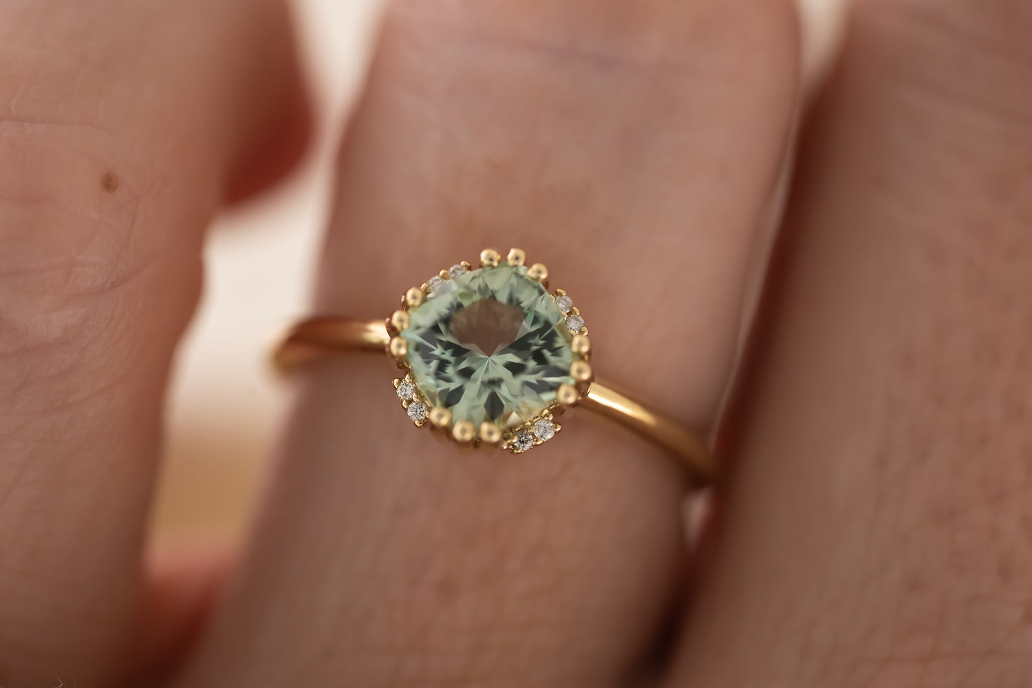 The Floret Ring | 1.4 CT Cushion Light Sage Green Tourmaline - Lavender Creek Gems 