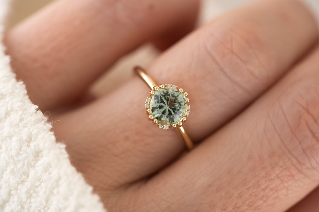 The Floret Ring | 1.4 CT Cushion Light Sage Green Tourmaline - Lavender Creek Gems 