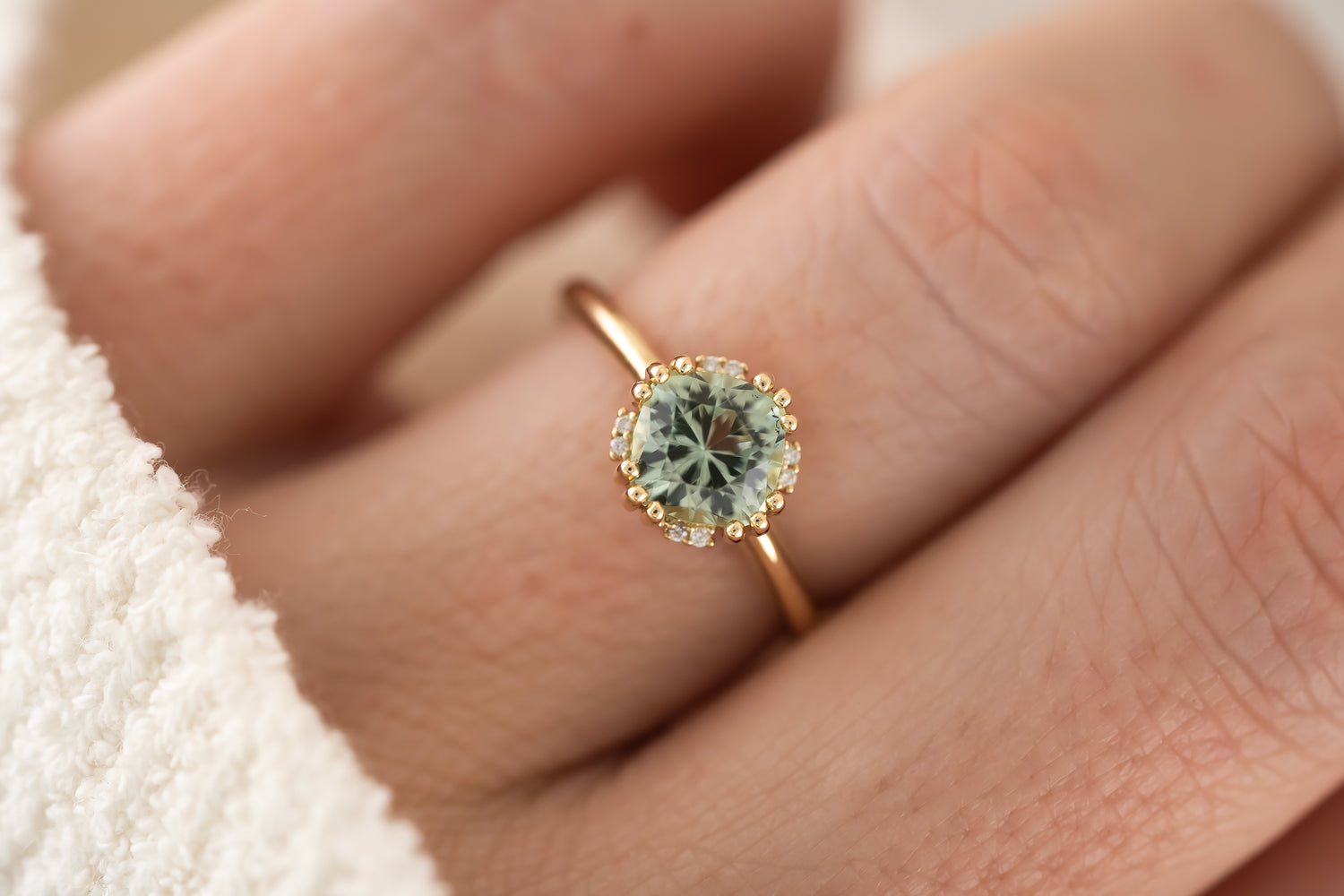 The Floret Ring | 1.4 CT Cushion Light Sage Green Tourmaline - Lavender Creek Gems 