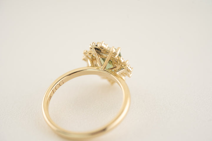 The Queen Anne's Lace Ring - 2.06 CT Teal/Green Radiant Sapphire