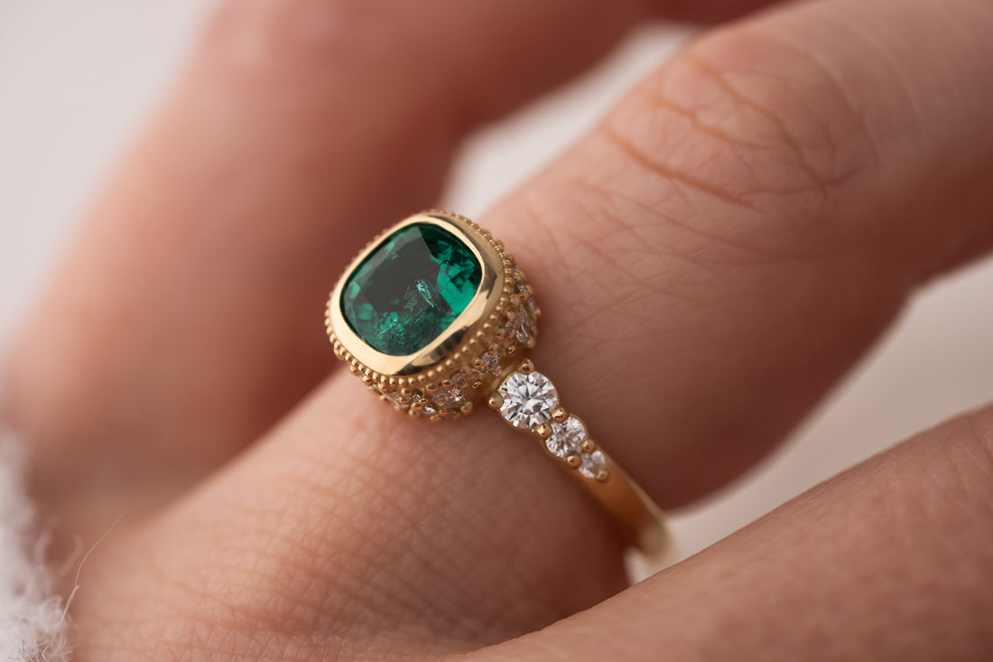 The Sitara Ring | 1.41 CT Cushion Cut Emerald - Lavender Creek Gems 