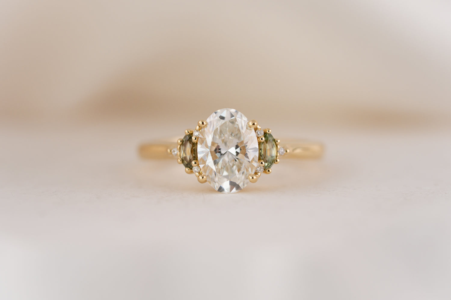 The Low Maren Ring | 1.5 CT Oval Diamond + Green Sapphire - Lavender Creek Gems 