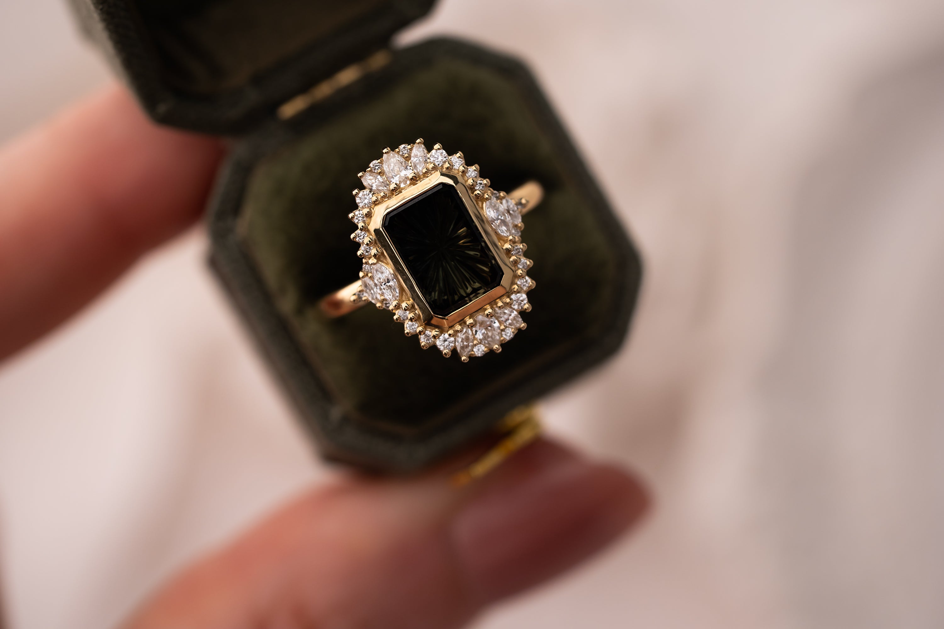 The Ethereal Ring | 2.69 CT Rectangular Starbrite™ Dark Green Bicolor Australian Sapphire - Lavender Creek Gems 