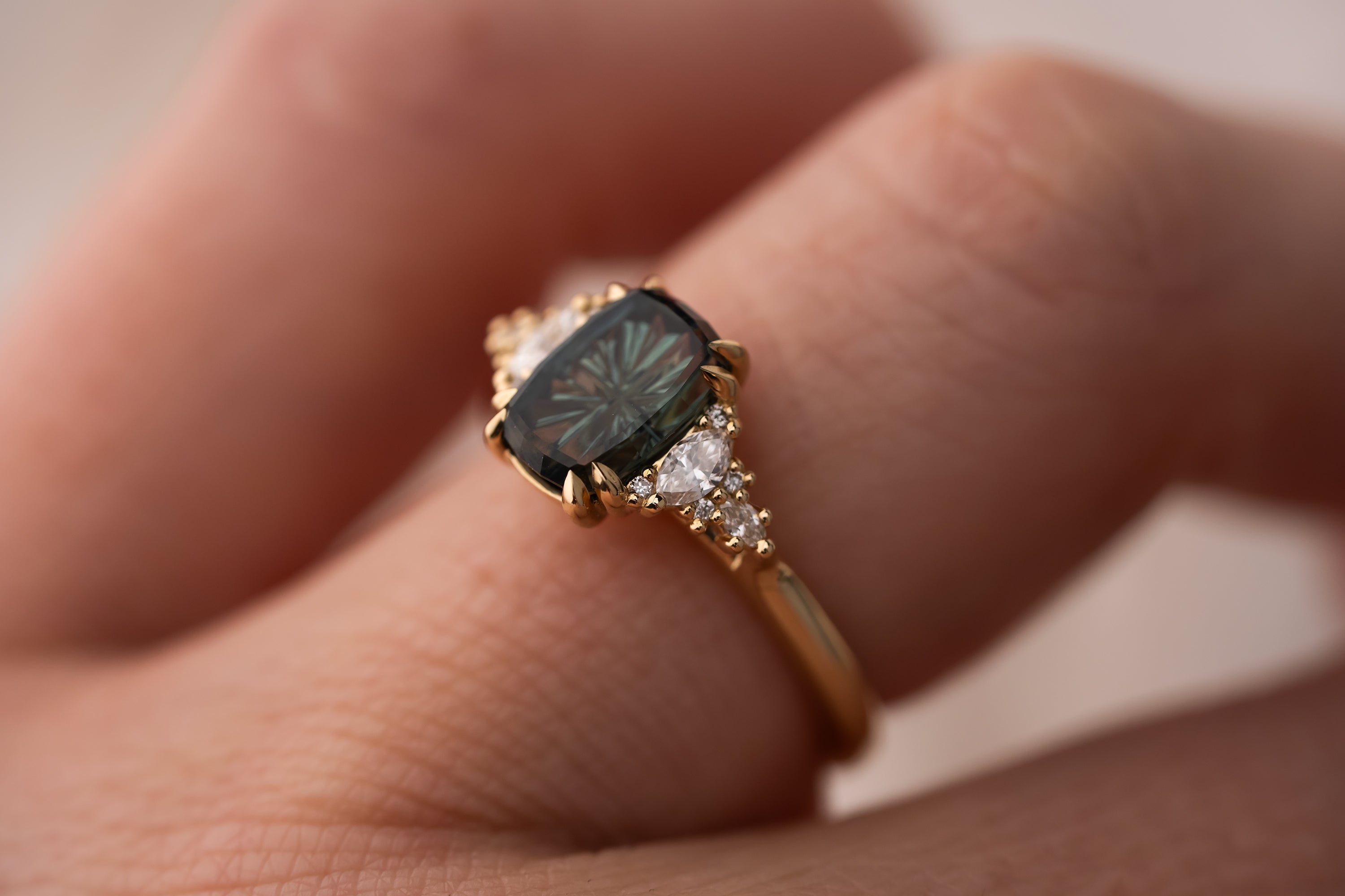 The Maeve Ring | 2.21 CT Elongated Cushion Starbrite™ Teal Green Australian Sapphire - Lavender Creek Gems 