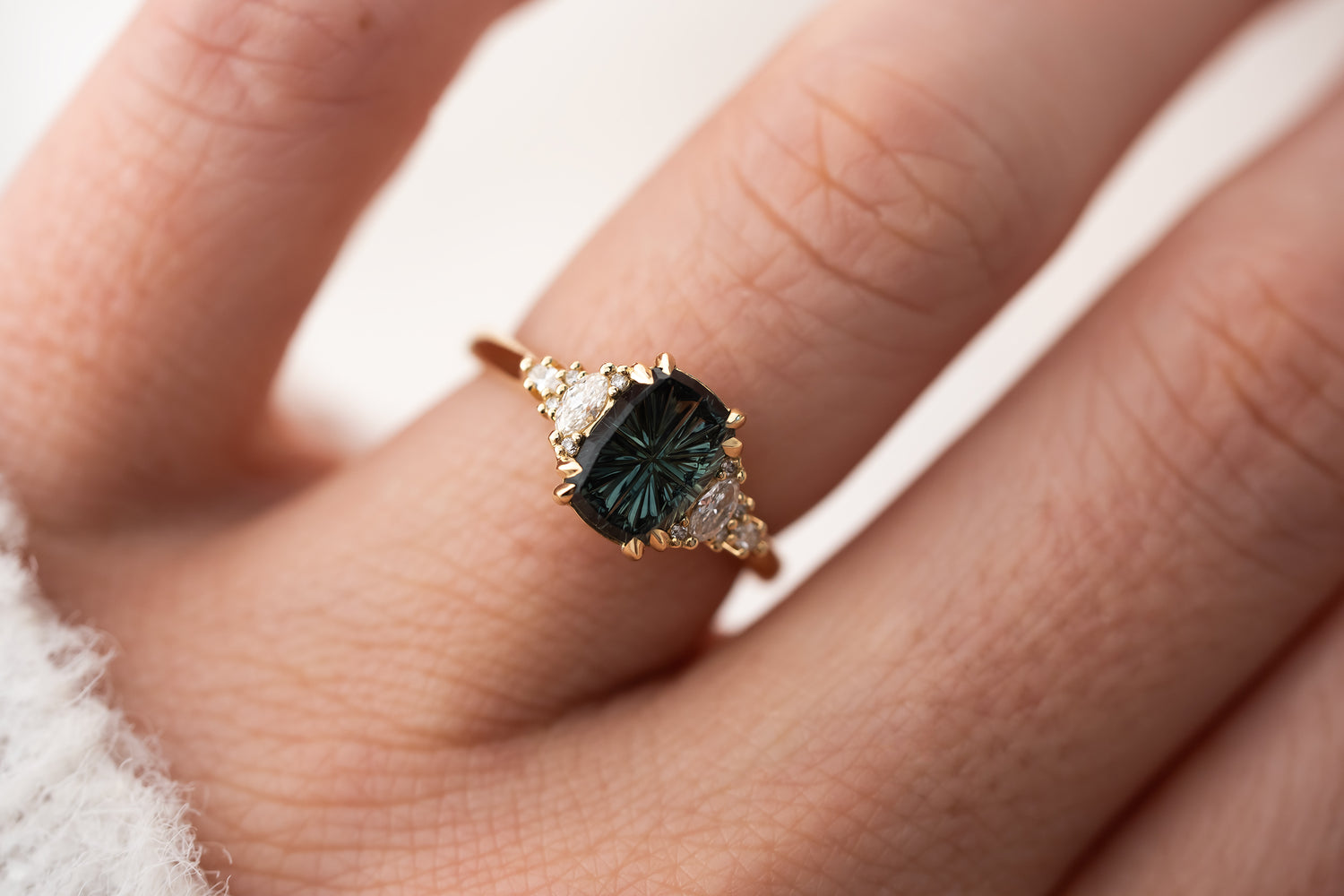 The Maeve Ring | 2.21 CT Elongated Cushion Starbrite™ Teal Green Australian Sapphire - Lavender Creek Gems 