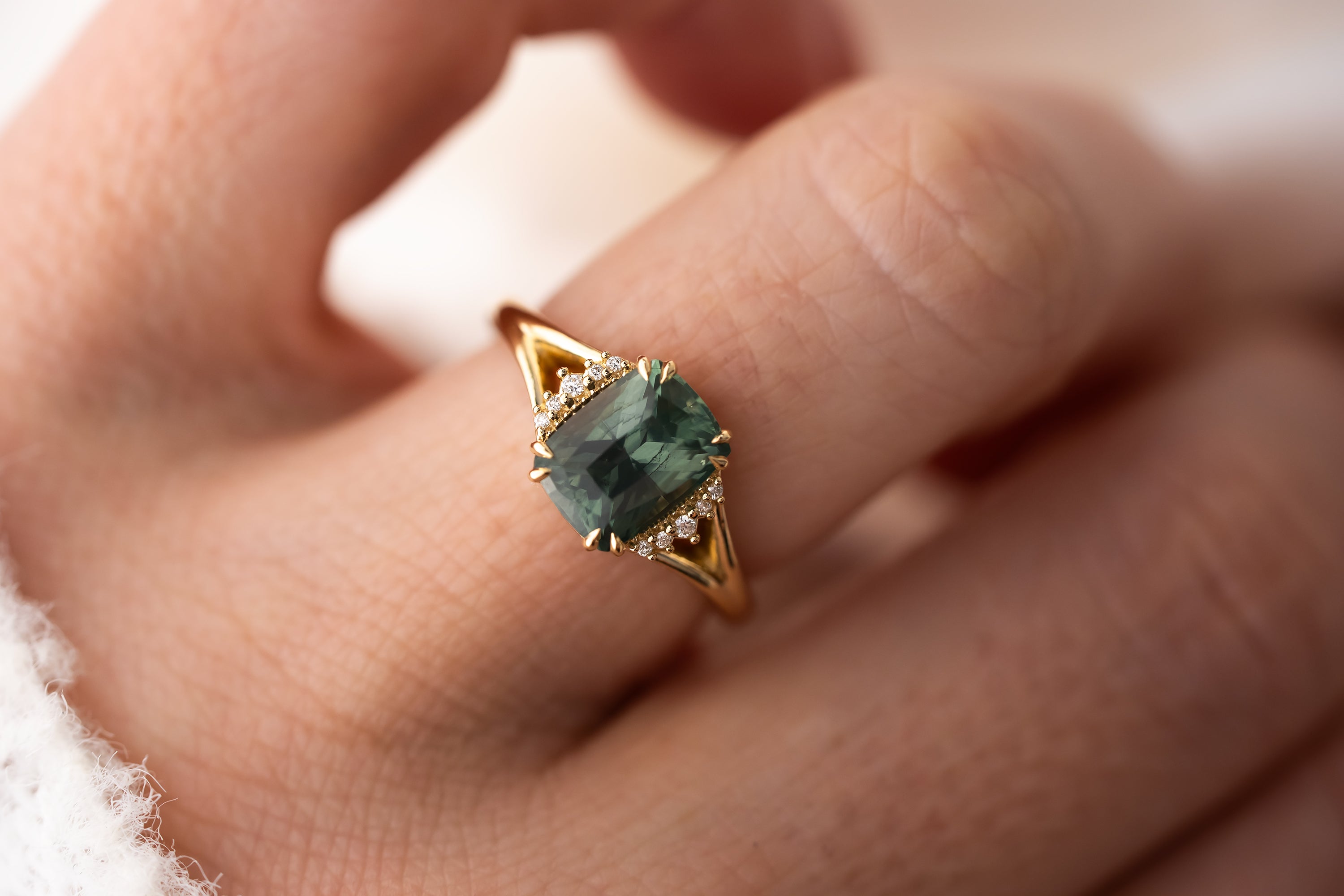 The Serendipity Ring | 2.57 CT Elongated Cushion Green Sapphire - Lavender Creek Gems 