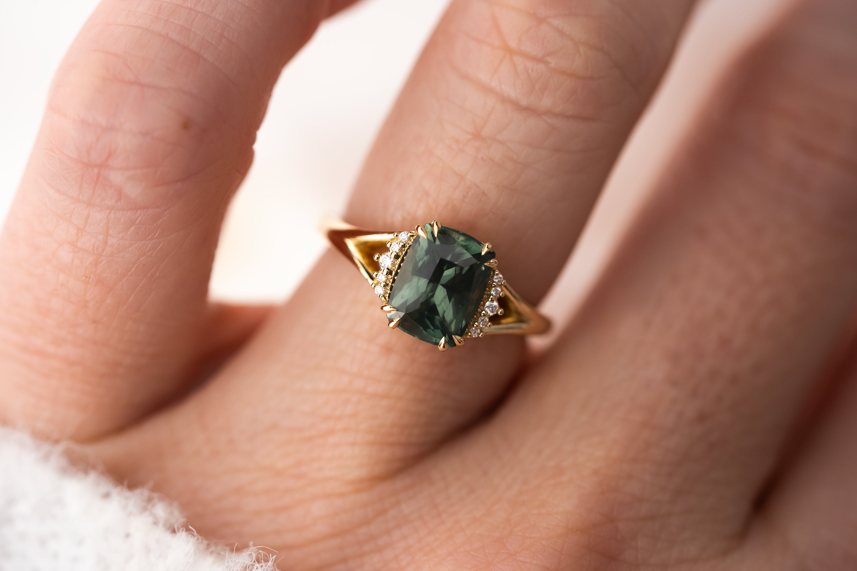 The Serendipity Ring | 2.57 CT Elongated Cushion Green Sapphire - Lavender Creek Gems 
