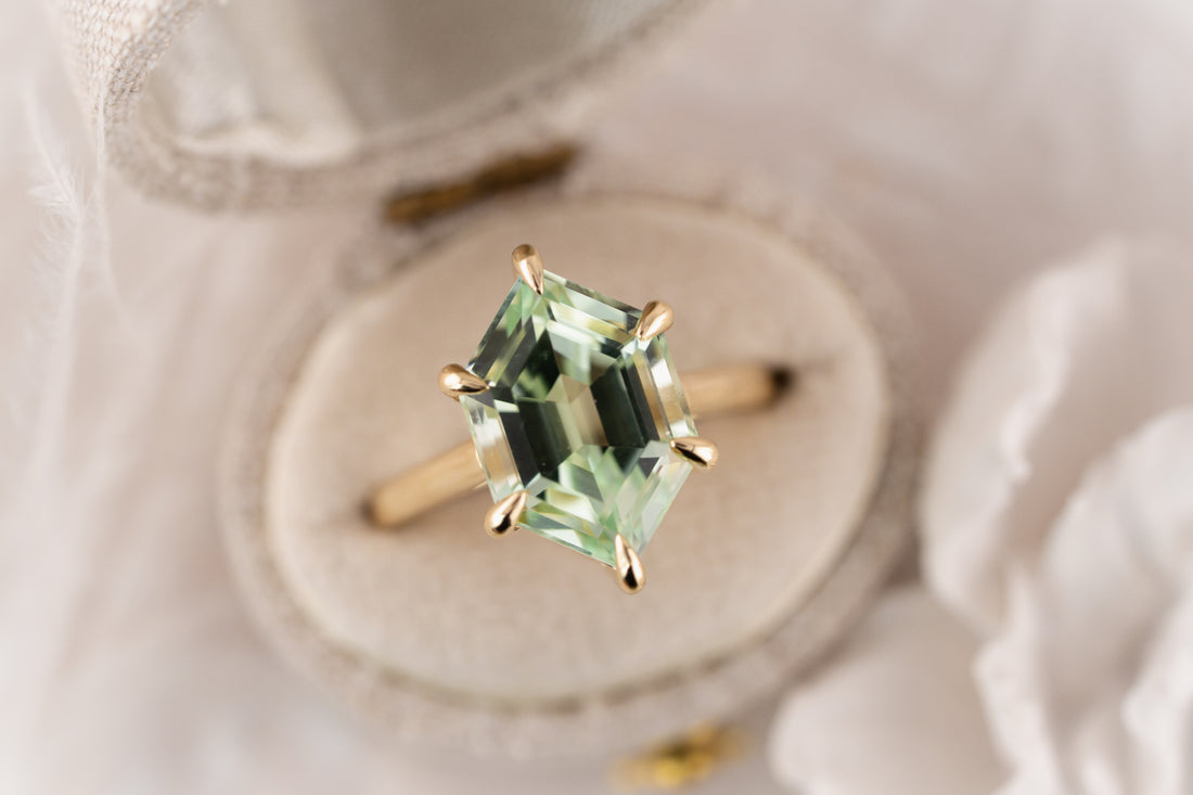 The Solitaire Ring | 5.78 CT Elongated Hexagon Mint Green Tourmaline - Lavender Creek Gems