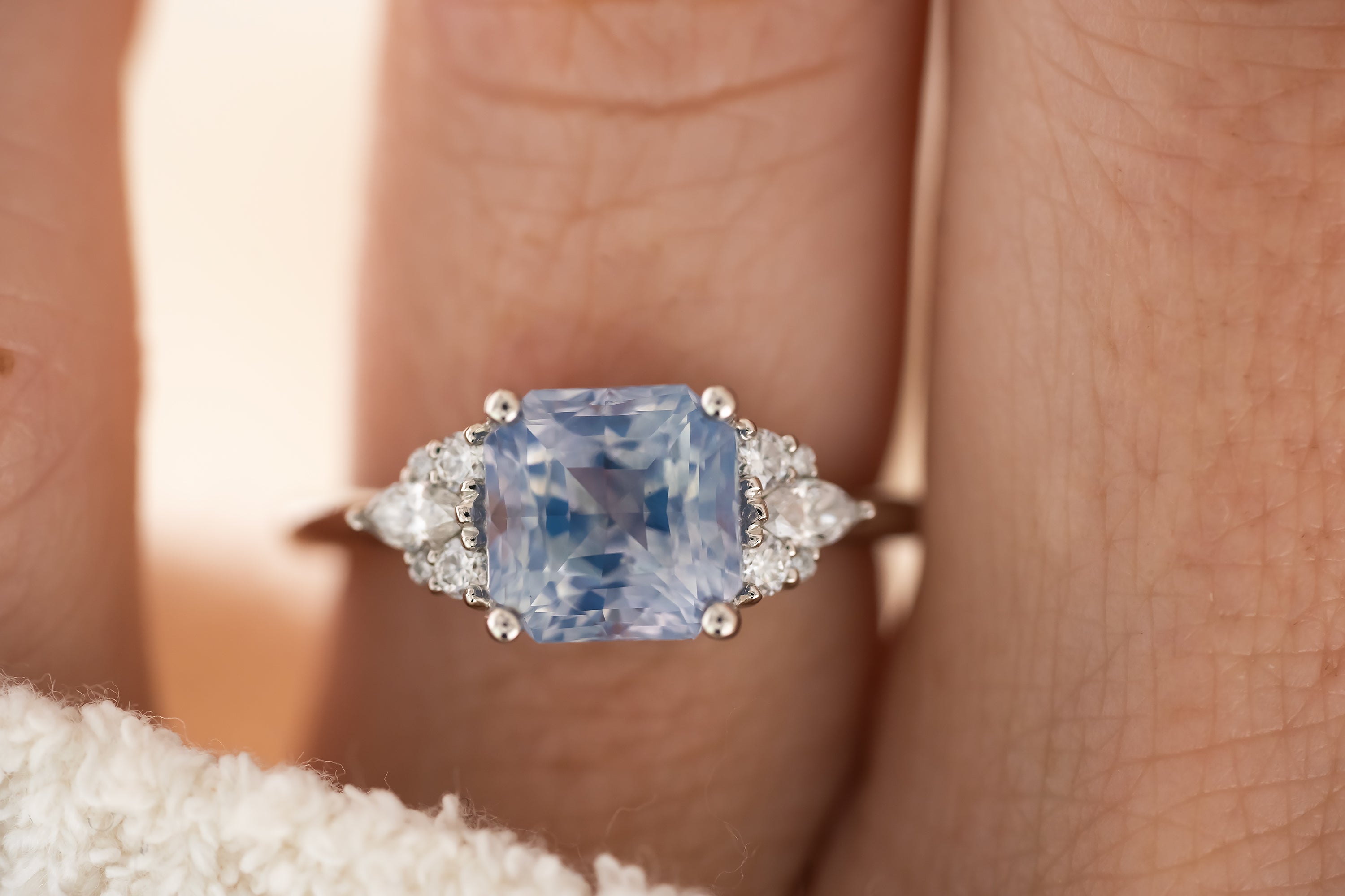 The Aya Ring | 3.5 CT Square Radiant Opalescent Light Blue Sapphire - Lavender Creek Gems 
